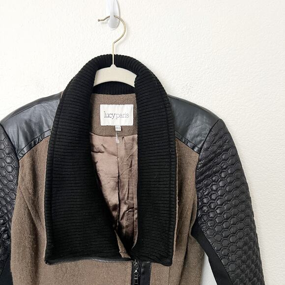[Lucy Paris] Olive Green Black Mixed Media Wool Faux Leather Jacket Size Small S - Picture 7 of 11